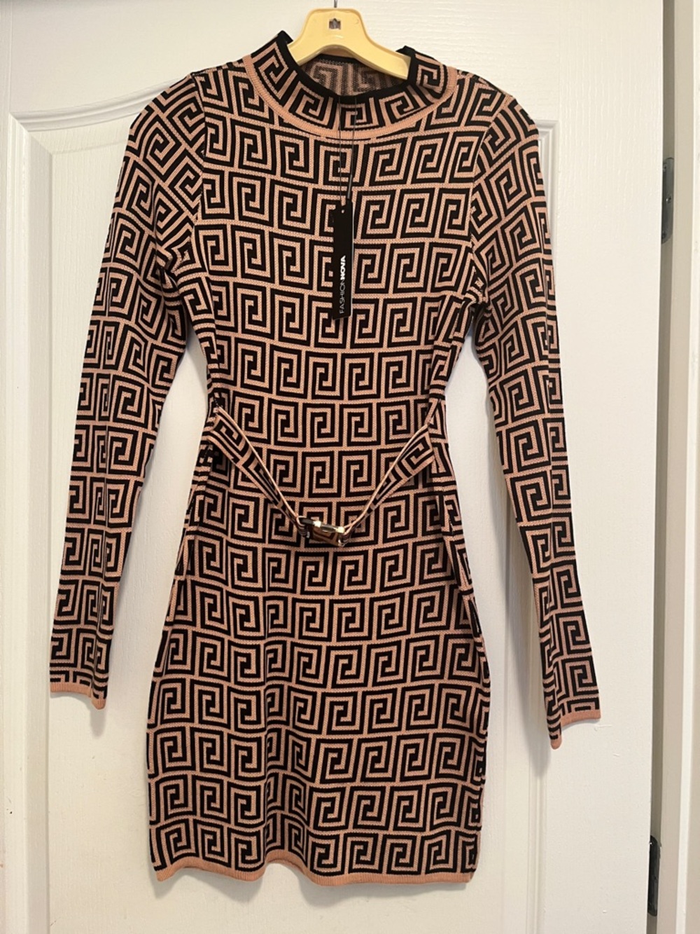 Fashion Nova Blush and Black Geo Print Long-Sleeve Mini Dress